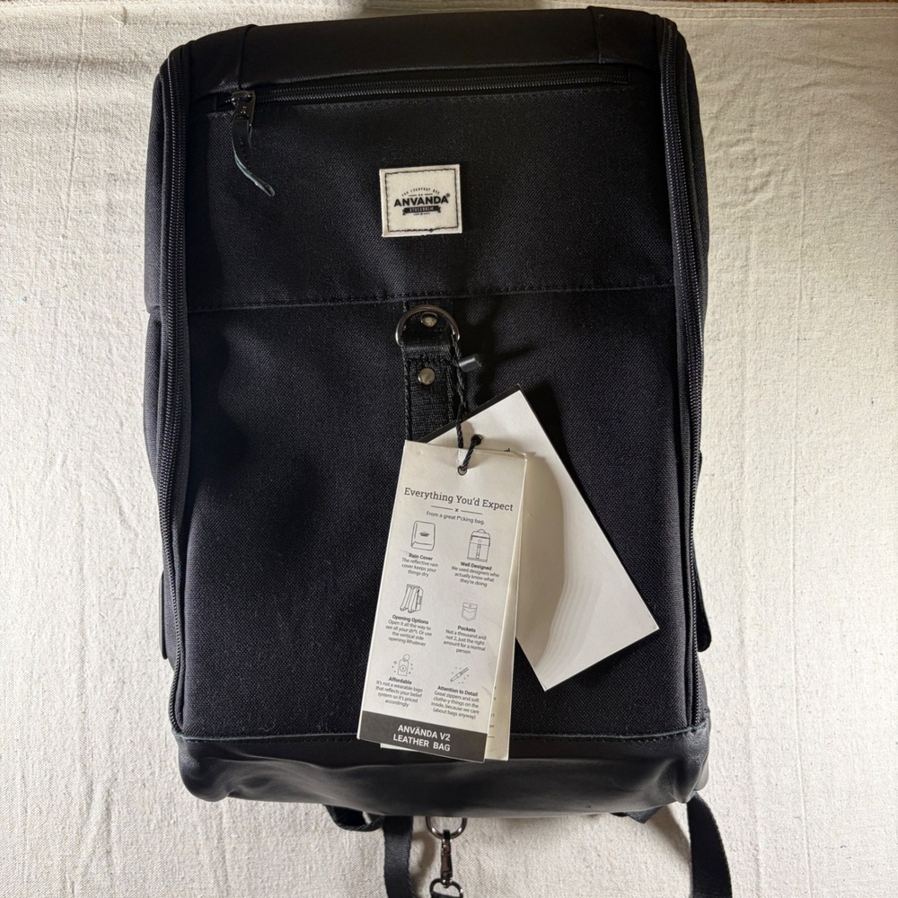 Anvanda V2 Backpack Unisex Medium Kodura Black Leather USB Charging Port NWT